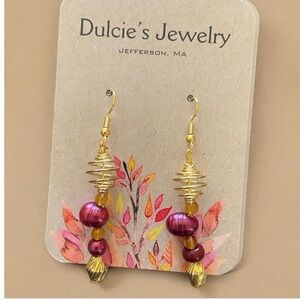 Plum, Yellow and Gold Beaded Earrings